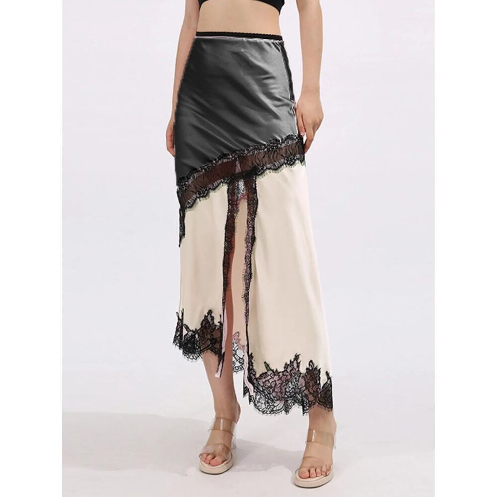 Lace Trim Asymmetrical Midi Skirt - Picture 2 of 9